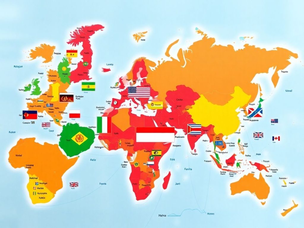 Hartă mondială cu regiuni geopolitice și steaguri diverse.