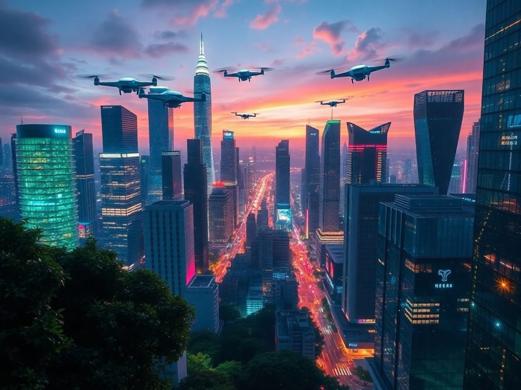 Oraș futurist cu tehnologie avansată și natură integrată.