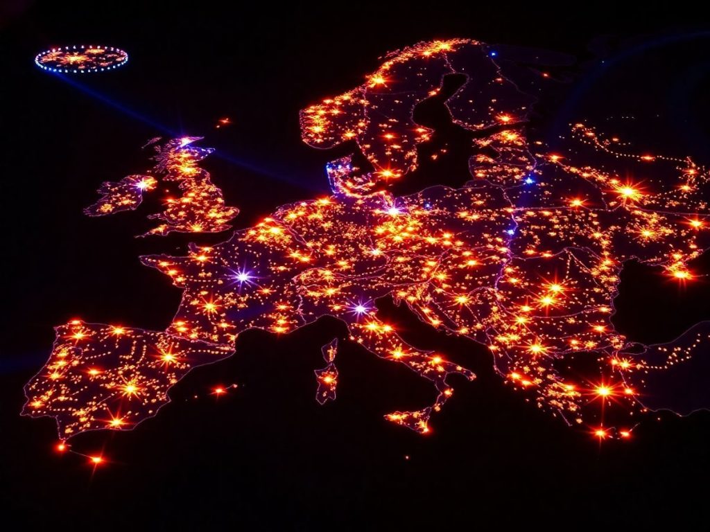 Hartă stilizată a Europei cu lumini strălucitoare.