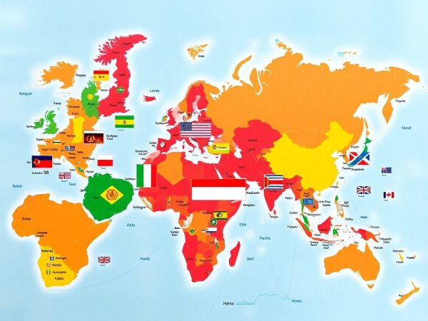 Hartă mondială cu regiuni geopolitice și steaguri diverse.