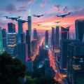 Oraș futurist cu tehnologie avansată și natură integrată.
