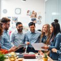Grup divers de lideri discutând creativ într-un mediu de lucru.